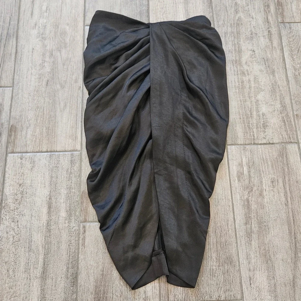 House of CB Miciela Skirt Size S Black Draped Satin Tulip Midi Pleated Wrap